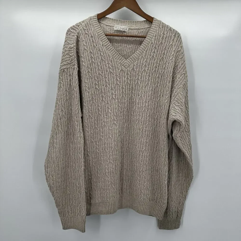 Norm Thompson Sweater‎ Mens Large Cable Knit Vneck Fisherman Beige Pull Over